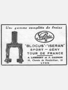 Lambert et Cagnon advertisement from L'Officiel du cycle, 3 November 1951, page 24: a shaded drawing of a caliper brake seen from the front against a fork outline, its cable entering through an upright stem with an adjuster and its two curved arms joined by a coil spring, with the brake shoes and their wing-nut fittings at the foot.