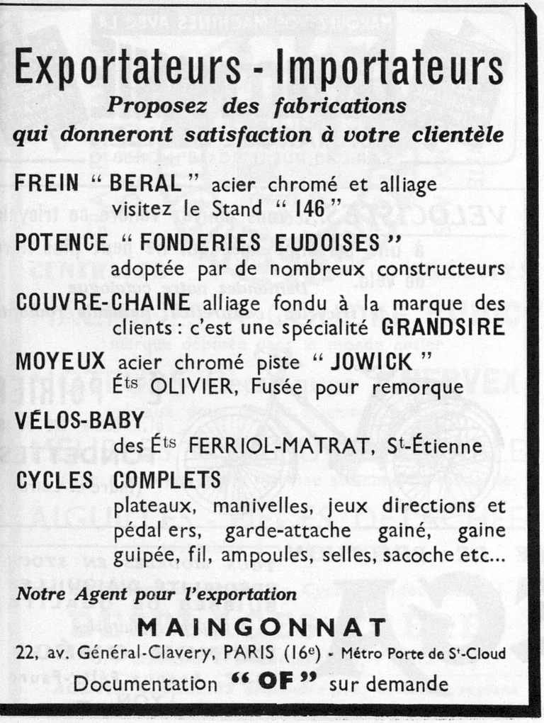 Maingonnat 1951 Advertisement — The Export Agent's Cycle Lines — page 1 of 1