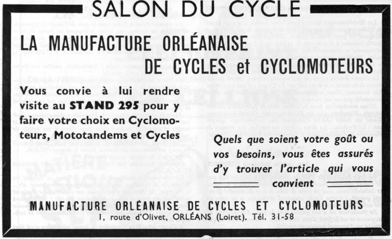 Manufacture Orléanaise 1951 Advertisement — Cyclomoteurs, Mototandems and Cycles at the Salon — page 1 of 1