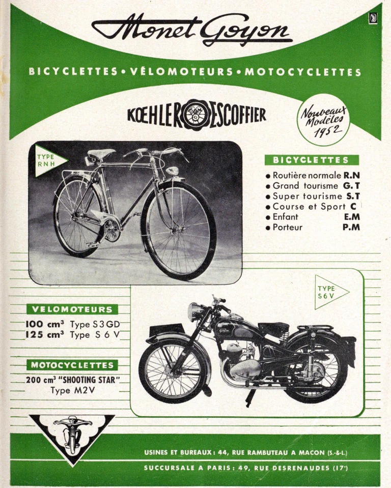 Monet-Goyon 1951 Advertisement — Monet-Goyon Bicycles, Vélomoteurs and Motorcycles, the 1952 Models — page 1 of 1