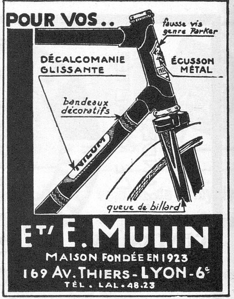 Mulin October 1951 Advertisement — Transfers, Bands and Metal Head Badges for Frames — page 1 of 1
