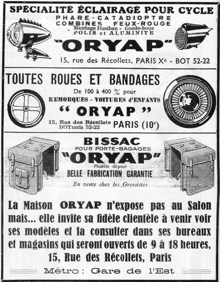 Oryap October 1951 Advertisement — Lamps and Reflectors, Trailer Wheels and Bissac Panniers — page 1 of 1