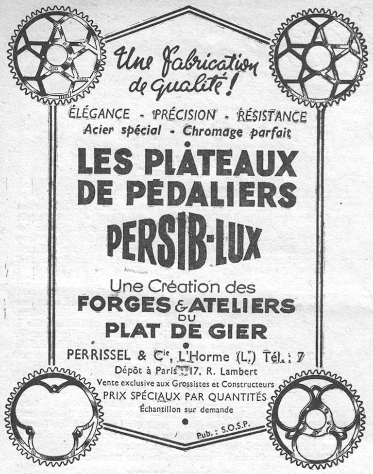 Persib-Lux 1951 Advertisement — Chainrings from the Forges & Ateliers du Plat de Gier — page 1 of 1