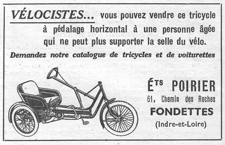 Poirier 1951 Advertisement — A Horizontal-Pedaling Tricycle for Older Riders — page 1 of 1