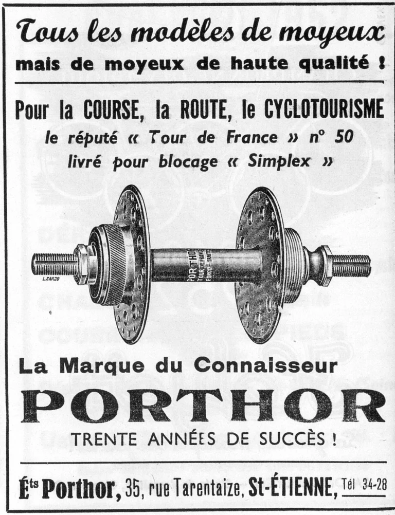 Porthor 1951 Advertisement — High-Quality Hubs, the Tour de France No. 50 — page 1 of 1