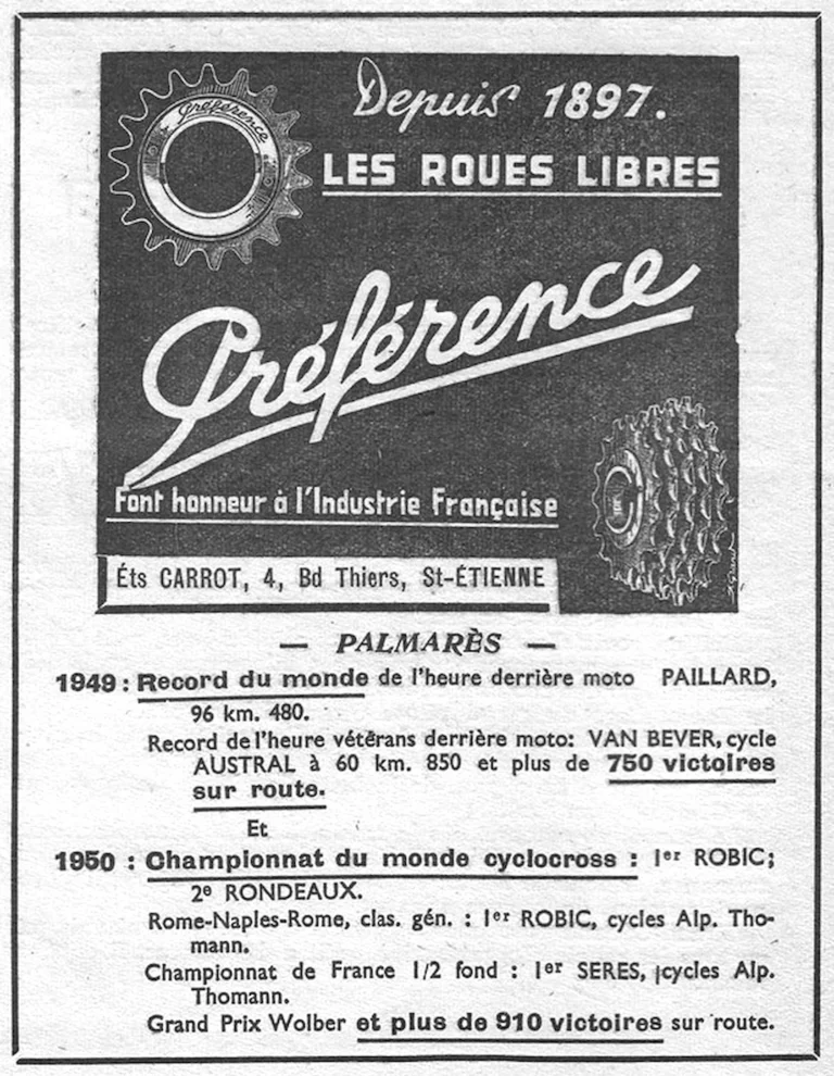 Préférence 1951 Advertisement — Freewheels Since 1897, with the Palmarès — page 1 of 1