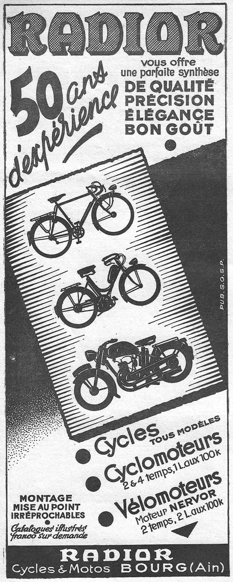 Radior 1951 Advertisement — 50 Years of Experience, Cycles, Cyclomoteurs and Vélomoteurs — page 1 of 1