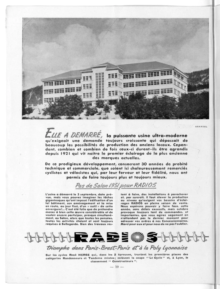 Radios 1951 Advertisement — The New Bellegarde Works, and the Paris-Brest-Paris and Poly Lyonnaise Wins — page 1 of 1