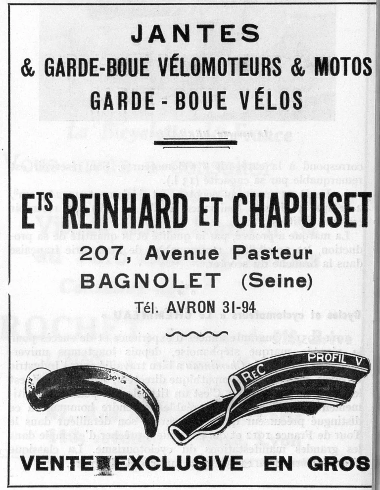 Reinhard et Chapuiset 1951 Advertisement — Rims and Mudguards, and Bicycle Mudguards — page 1 of 1