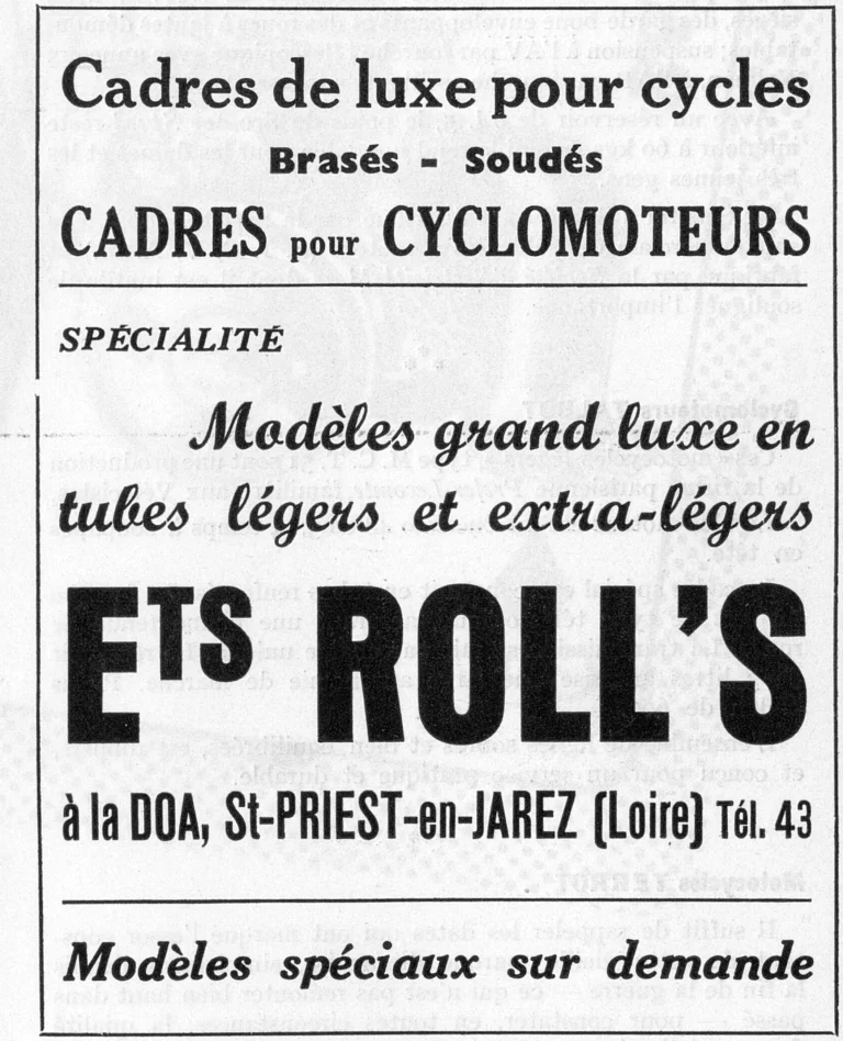 Roll's 1951 Advertisement — Luxury Frames, Brazed and Welded, and Cyclomoteur Frames — page 1 of 1