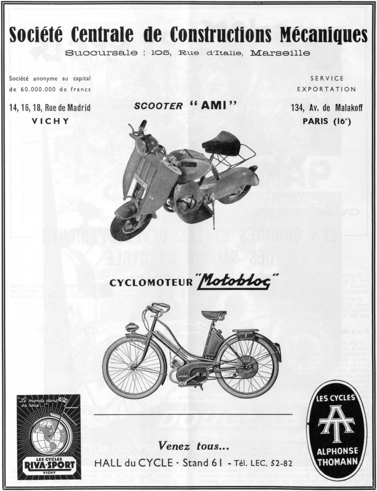 S.C.C.M. 1951 Advertisement — The Ami Scooter, the Motobloc and the Riva-Sport and Thomann Cycles — page 1 of 1