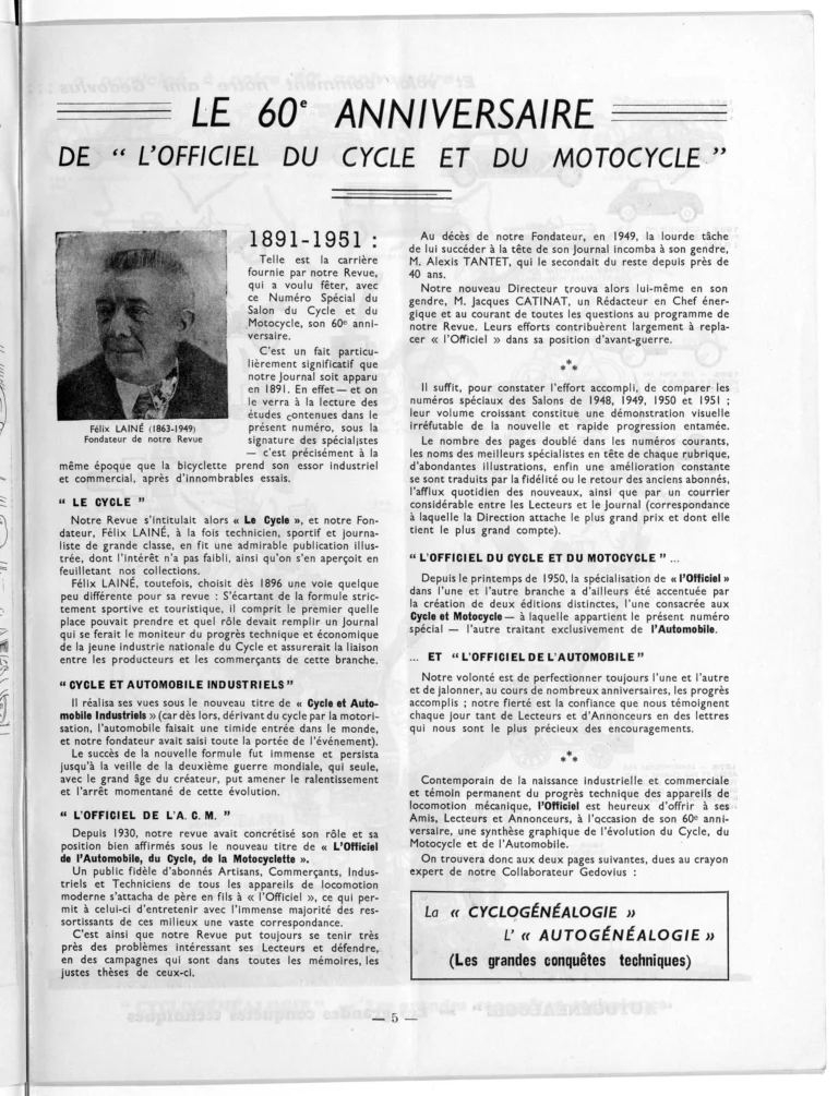 Le 60e anniversaire de « L'Officiel du cycle et du motocycle » — L'Officiel du cycle, 6 October 1951, 1891-1951 — page 1 of 1