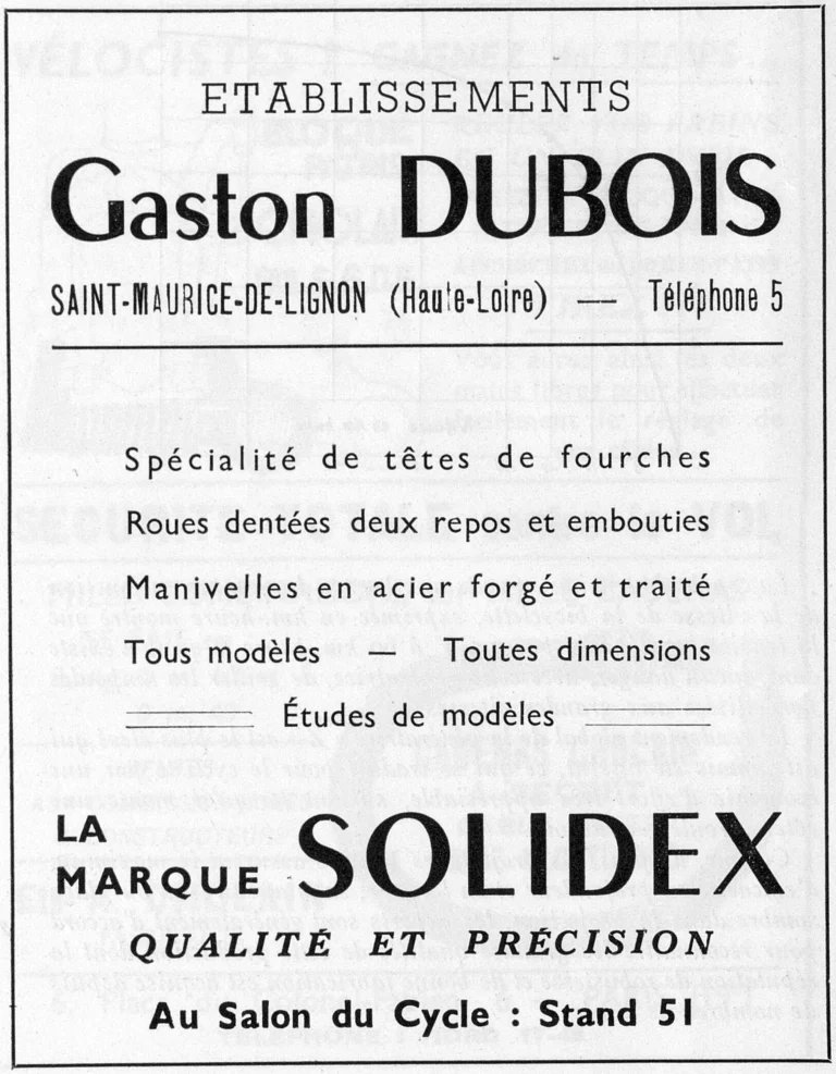 Solidex 1951 Advertisement — Fork Crowns, Chainwheels and Cranks — page 1 of 1