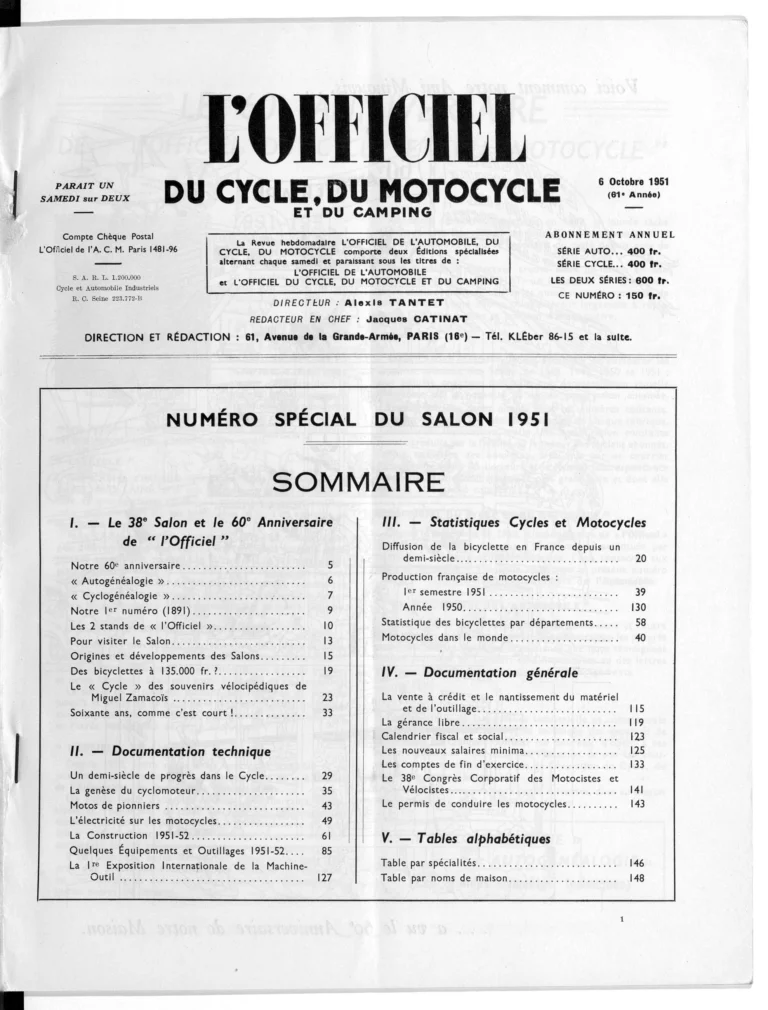 Numéro spécial du Salon 1951: Sommaire — L'Officiel du cycle, 6 October 1951, the Masthead and Contents — page 1 of 1