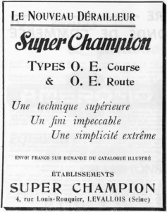 Super Champion advertisement from L'Officiel du cycle, 6 October 1951, page 120: a purely typographic advertisement in a ruled frame with a heavy drop-shadow rule along the right side and the foot, with no illustration.