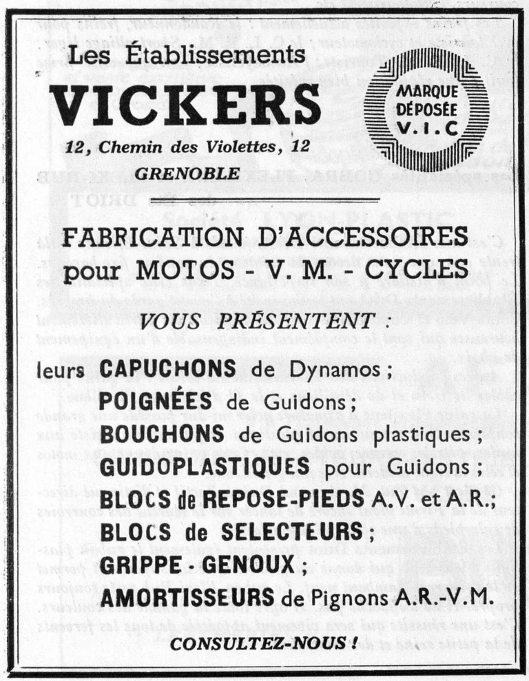 Vickers 1951 Advertisement — Accessories for Motorcycles, Vélomoteurs and Cycles — page 1 of 1