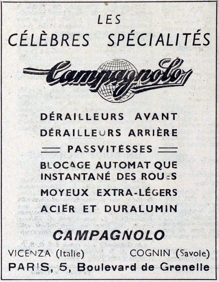 Campagnolo 1951 Advertisement — The Famous Specialties at the Paris Salon: Front and Rear Derailleurs, the Passvitesses and a Paris Office — page 1 of 1