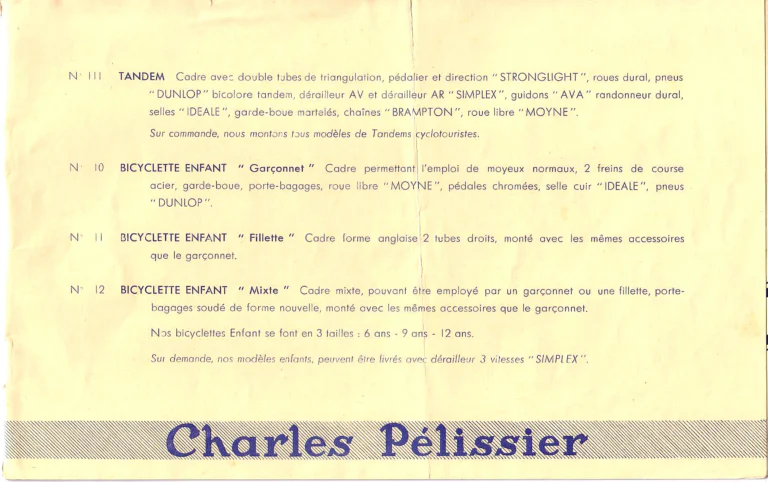 Charles Pélissier Catalog with the May 1952 Price List — Course, Route, Dame and Sport et Ville Bicycles, a Tandem and Children's Models — page 7 of 9