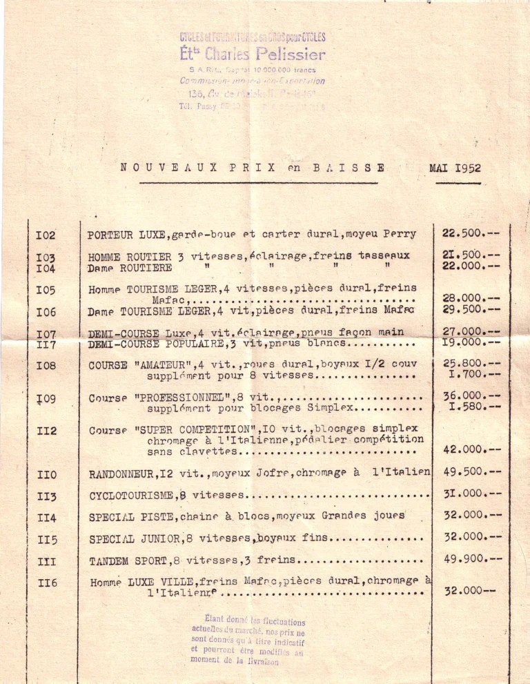 Charles Pélissier Catalog with the May 1952 Price List — Course, Route, Dame and Sport et Ville Bicycles, a Tandem and Children's Models — page 9 of 9