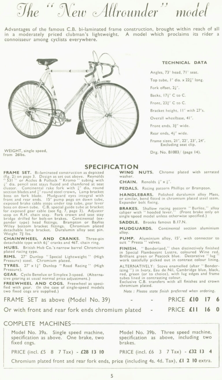 Claud Butler 1952 Catalog — Lightweight Bicycles from the Super Arrow to the Avant-Coureur Spécial, with the Universal Club — page 6 of 17