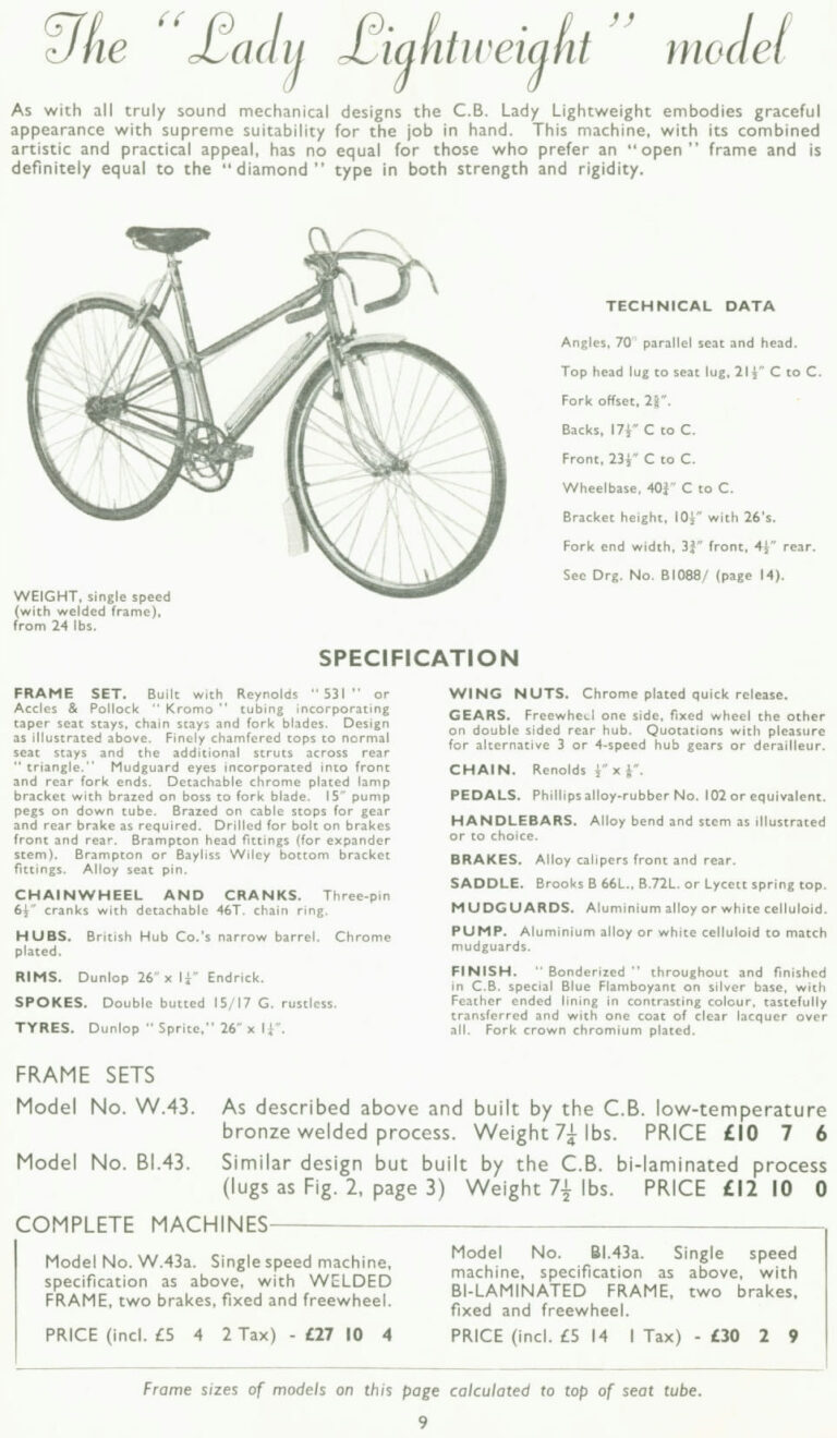 Claud Butler 1952 Catalog — Lightweight Bicycles from the Super Arrow to the Avant-Coureur Spécial, with the Universal Club — page 10 of 17