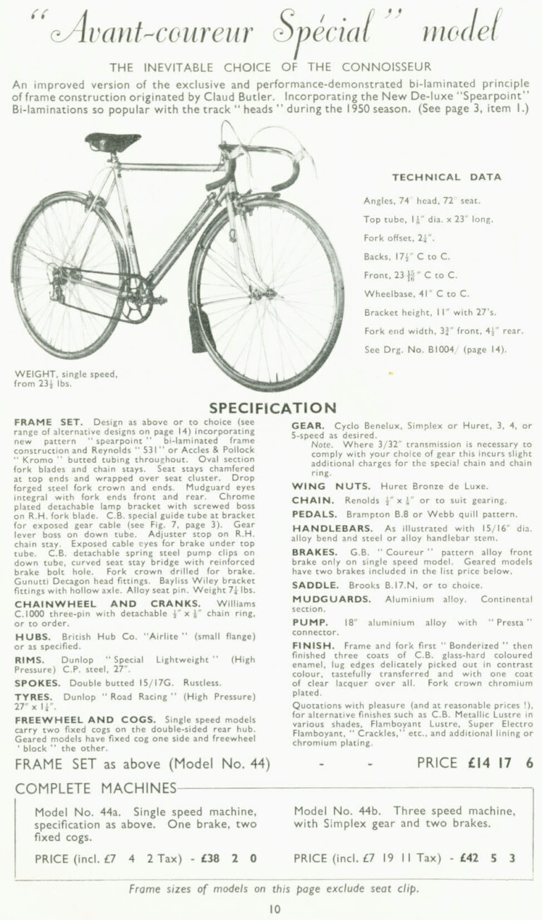 Claud Butler 1952 Catalog — Lightweight Bicycles from the Super Arrow to the Avant-Coureur Spécial, with the Universal Club — page 11 of 17