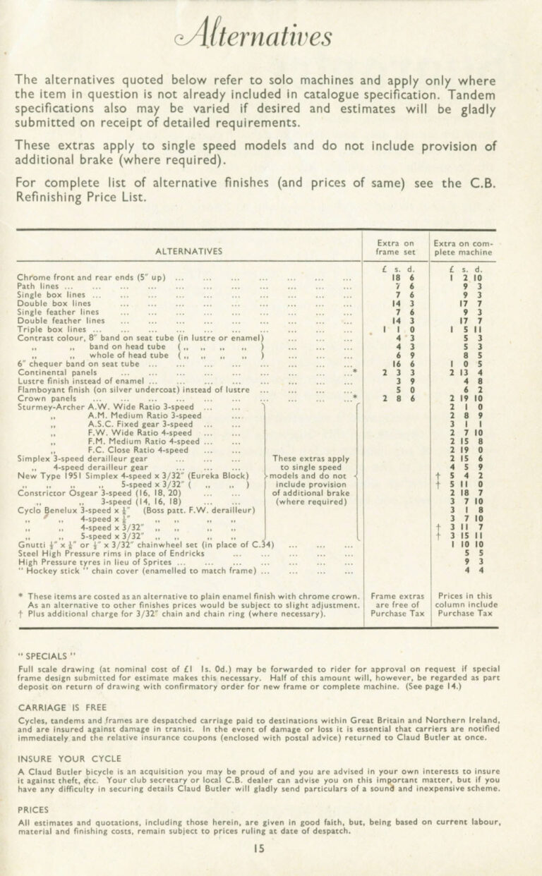 Claud Butler 1952 Catalog — Lightweight Bicycles from the Super Arrow to the Avant-Coureur Spécial, with the Universal Club — page 16 of 17