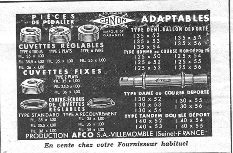AFCO 1952 Advertisement — Canon Bottom-Bracket Parts, Cups, Axles and Locknuts — page 1 of 1