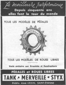 Aimé Ledin advertisement from L'Officiel du cycle, 14 June 1952, page 18: a drawing of a single-speed freewheel, its body lettered with the Merveille name, a registered-mark notice, an unscrewing arrow and "MADE IN FRANCE", sits in a light panel between two lines naming all models of pedals and freewheels.