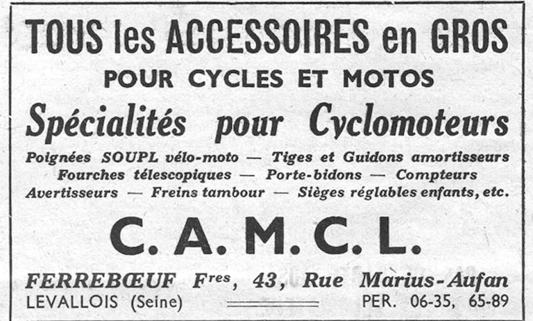 CAMCL 1952 Advertisement — Wholesale Accessories for Cycles and Motorcycles — page 1 of 1