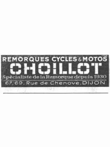 Choillot advertisement from L'Officiel du cycle, 14 June 1952, page 31: a lettering-only black panel with every line reversed out in white, the CHOILLOT name set large in a stencil-style face and a thin double rule above the address line.