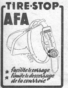 Christophe advertisement from L'Officiel du cycle, 14 June 1952, page 22: a line drawing of a toe clip lettered CHRISTOPHE with its toe strap lettered Lapize, the buckle and a round stop lettered AFA fixed on the strap just below the buckle, fills a frame open at the top under the heavy TIRE-STOP AFA heading.