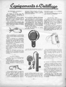 Page 21 of L'Officiel du cycle, 14 June 1952: the equipment column with drawings of a child trailer, horns, a handlebar sleeve and a toe-strap stop.