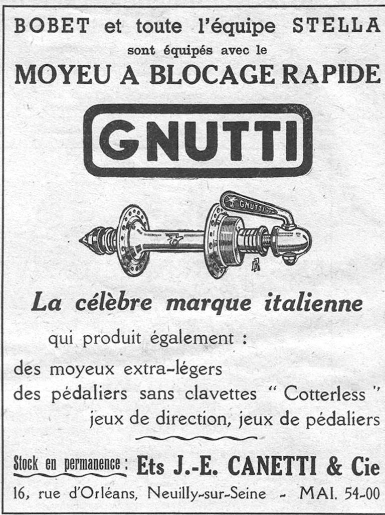 Gnutti 1952 Advertisement — The Quick-Release Hub of Bobet and the Stella Team, from Canetti — page 1 of 1