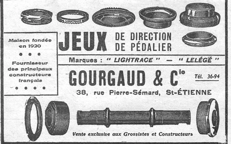 Gourgaud 1952 Advertisement — Lightrace and Lelégé Headsets and Bottom Brackets — page 1 of 1