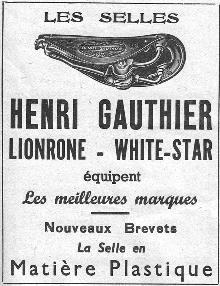 Henri Gauthier 1952 Advertisement — Lionrone and White-Star Saddles and the Plastic Saddle — page 1 of 1