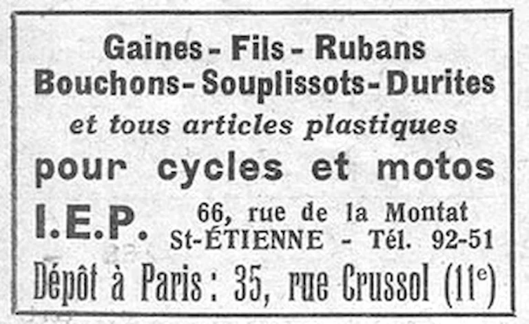 IEP 1952 Advertisement — Cables, Tapes and Plastic Articles for Cycles and Motorcycles — page 1 of 1
