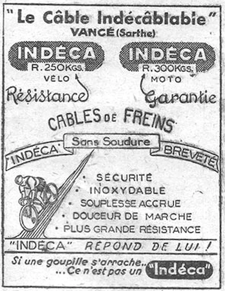 Indéca 1952 Advertisement — The Unravelable Brake Cable for Bicycle and Motorcycle — page 1 of 1