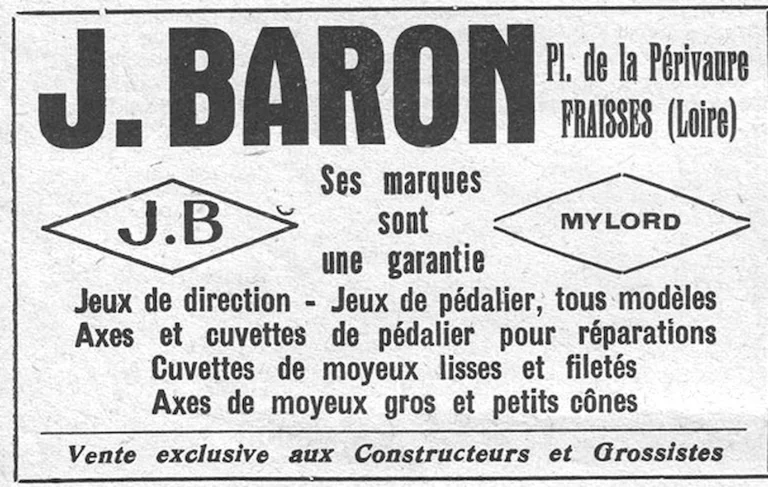 J. Baron 1952 Advertisement — J.B and Mylord Headsets, Bottom Brackets and Hub Parts — page 1 of 1
