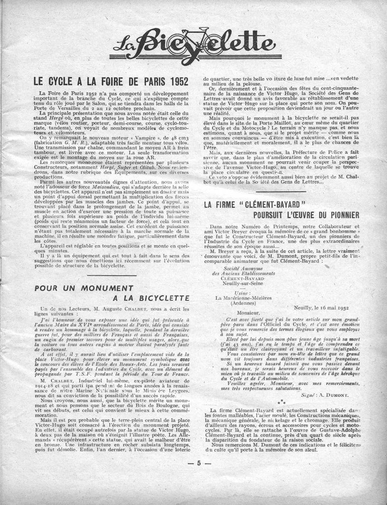 La Bicyclette — L'Officiel du cycle, 14 June 1952, the Cycle at the Foire de Paris, a Monument to the Bicycle and Clément-Bayard — page 1 of 1