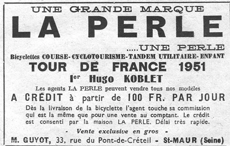 La Perle 1952 Advertisement — Racing, Touring, Tandem and Children's Bicycles, Koblet's 1951 Tour — page 1 of 1