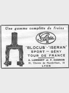 Lambert et Cagnon advertisement from L'Officiel du cycle, 14 June 1952, page 26: a shaded drawing of a caliper brake seen from the front against a fork outline, its cable entering through an upright stem with an adjuster and its two curved arms joined by a coil spring, with the brake shoes and their wing-nut fittings at the foot.