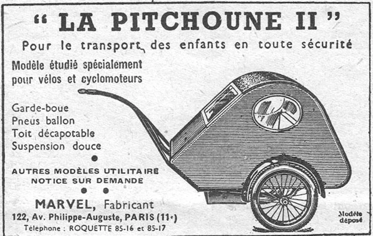 Marvel 1952 Advertisement — La Pitchoune II, a Child Trailer for Bicycles — page 1 of 1