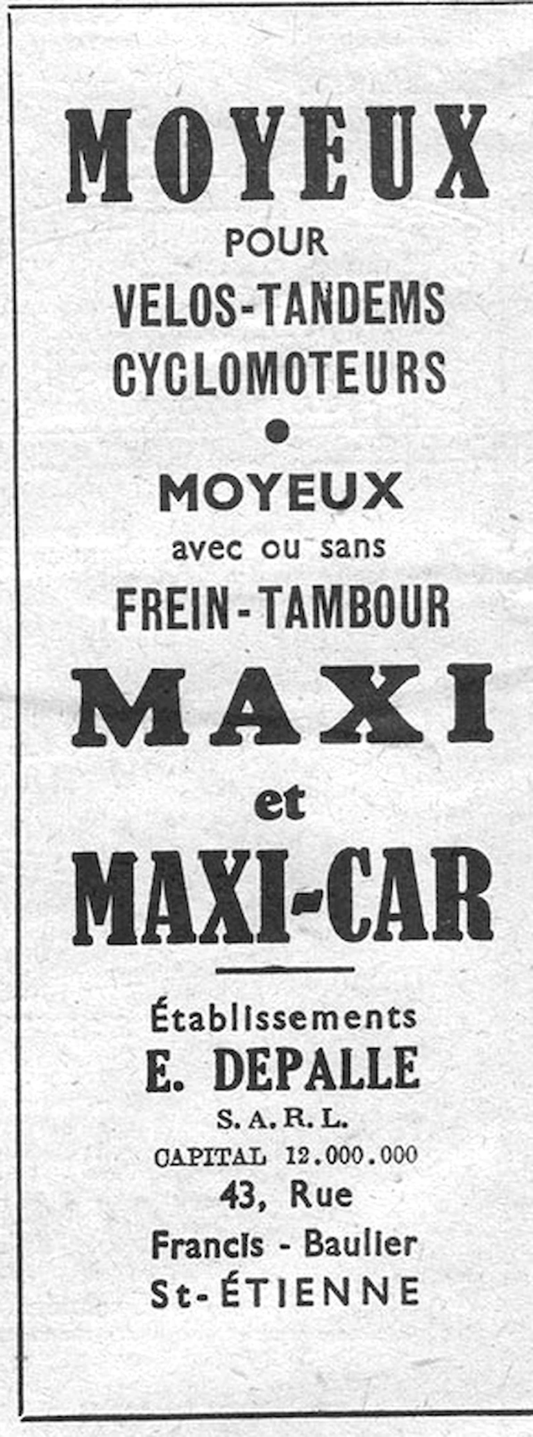 Maxi-Car 1952 Advertisement — Maxi and Maxi-Car Hubs for Bicycles, Tandems and Cyclomoteurs — page 1 of 1