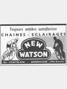 New Watson advertisement from L'Officiel du cycle, 14 June 1952, page 26: a racing cyclist in a cap bends low over the drop bars at left and a second rider, drawn in black silhouette, rides at right behind the beam of a front lamp, both flanking the NEW WATSON name in white on a black cloud-shaped plaque.