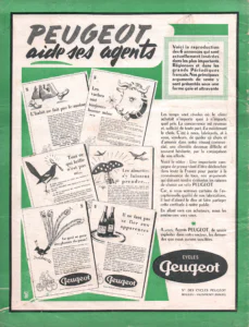 Peugeot advertisement from L'Officiel du cycle, 14 June 1952: six small Peugeot press advertisements are laid out overlapping on a green ground, each headed by a French proverb and illustrated with a drawing: a pair of sandaled feet beneath a monk's robe, a cow's head with a flower in its mouth and a bell at its collar, a magpie holding a shining spoon, two larks flying above a mirror-studded lark lure, a jay wearing peacock feathers and two bottles of wine on a tray.