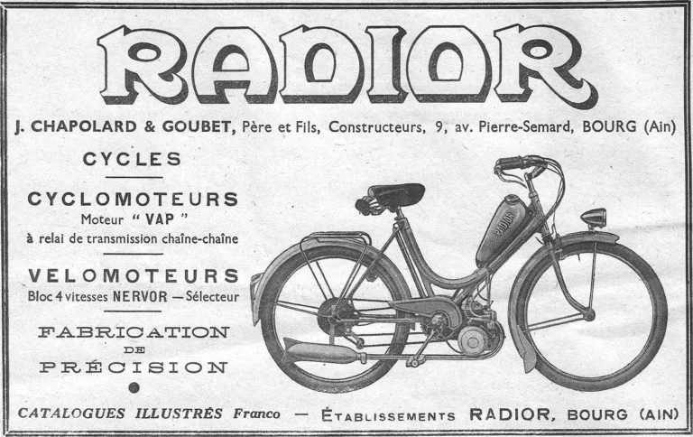 Radior 1952 Advertisement — Cycles, Cyclomoteurs and Vélomoteurs from Bourg — page 1 of 1