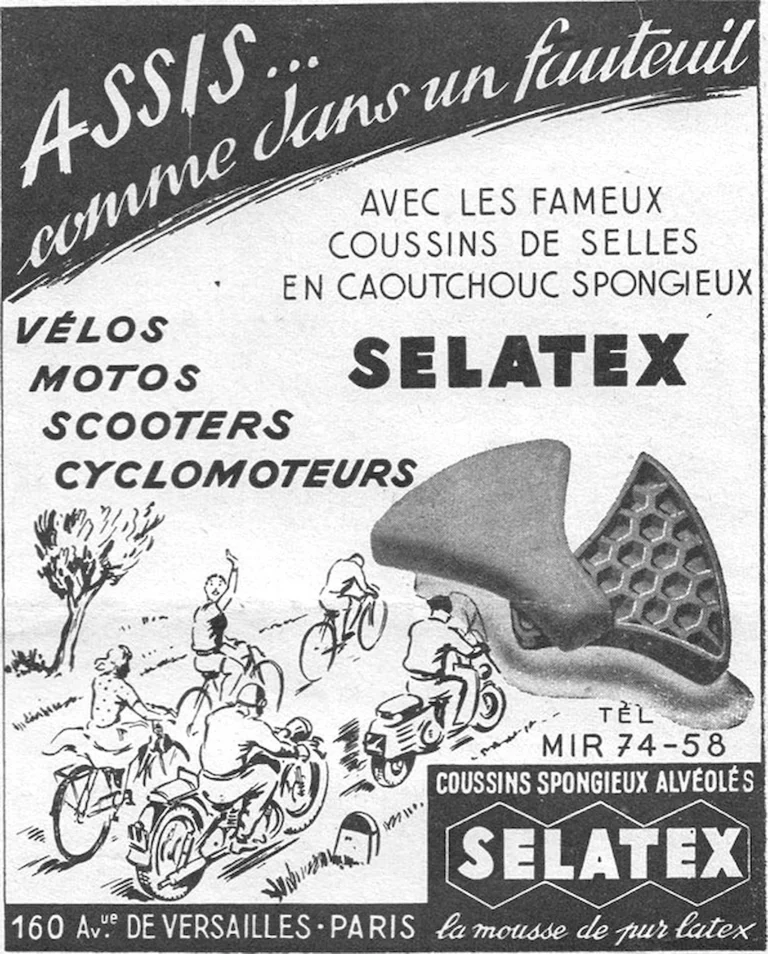 Selatex 1952 Advertisement — Sponge-Rubber Saddle Cushions for Bicycles and Motorcycles — page 1 of 1