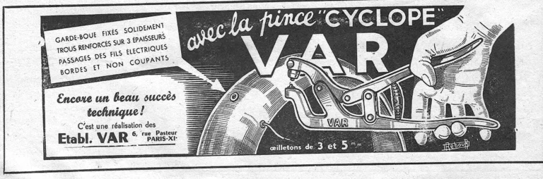 VAR 1952 Advertisement — The Cyclope Pliers for Mudguard Eyelets, Drawn by Daniel Rebour — page 1 of 1