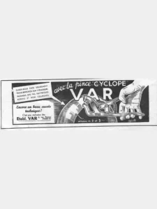 VAR advertisement from L'Officiel du cycle, 14 June 1952, page 14: a hand squeezes a pair of eyeleting pliers lettered VAR, setting eyelets in the edge of a ribbed mudguard through which an electric wire passes, drawn in light line on a black panel under the script line naming the "Cyclope" pliers and the large VAR name.